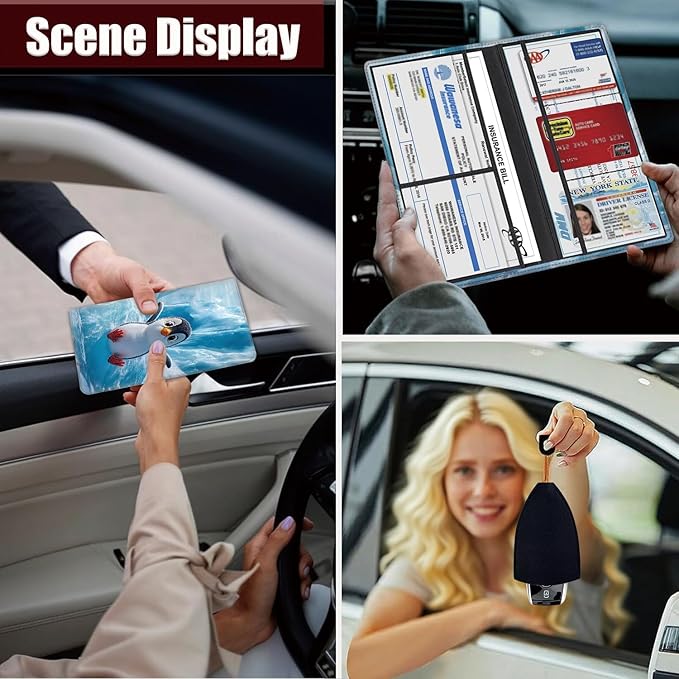 Car Document Holder with Magnetic Shut, Car Registration and Insurance Card Holder, Vehicle Glove Box Organizer Documents, Driver License, Auto Paperwork Organizer Wallet, Ice Field Penguin Pattern