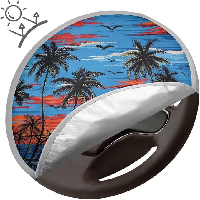 Hawaiian Steering Wheel Reflector Protector Sunset Vehicle Steering Wheel Sun Shade Cover 17 Inch Heat Resistant Car Rudder Sunshade Summer Essential Gift for Holiday