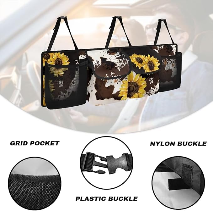 SEANATIVE Sunflowers Cow Car Backseat Trunk Organizer Auto Hanging Seat Back Storage Multipurpose Cargo Accessory - Space Saving Facilitator for SUV, Crossover, Minivan