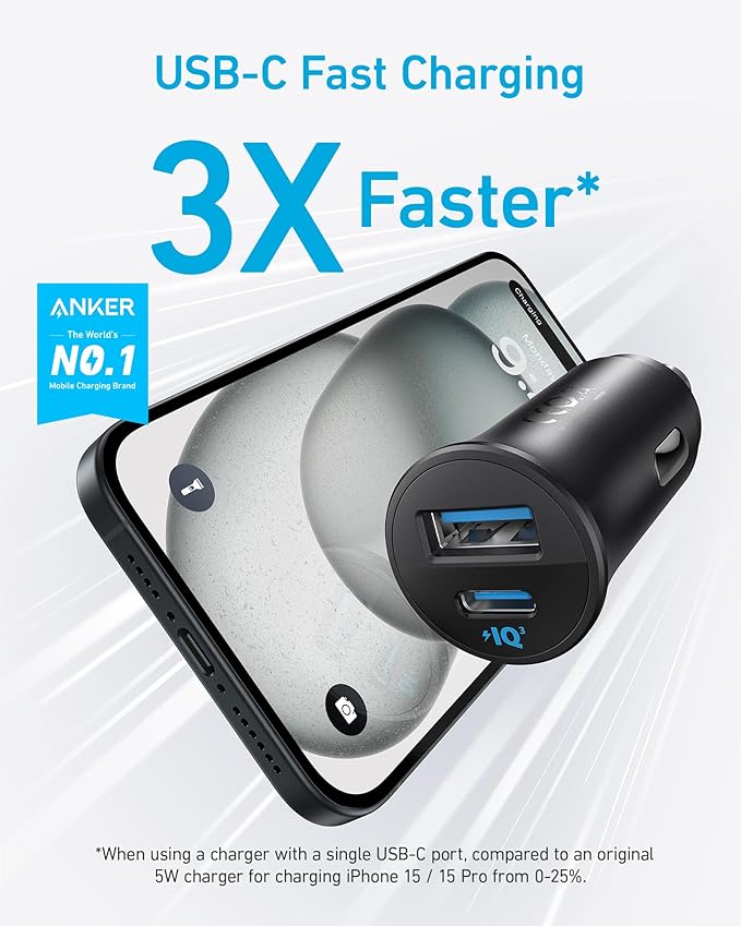 Anker USB-C Car Charger, 30W 2-Port Type-C Car Adapter, iPhone Car Charger with Power IQ 3.0, for iPhone 17/16/15/14/13 Series, Samsung Galaxy S25/S24/S23/S22/S21 Series, iPad Pro, AirPods, and More