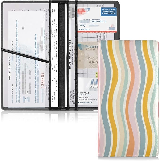 Qilmy Simple Colored Ripple Car Registration and Insurance Holder, Premium Pu Leather Vehicle Glove Box Organizer, Prefect Car Essentials Wallet for Driver License, Cards & Essential Documents779