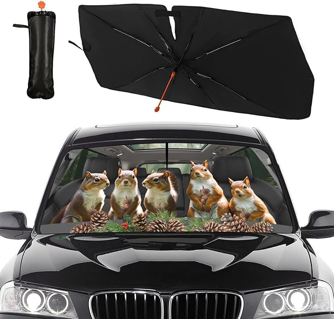 DOPINDU Funny Animal Squirrel Car Windshield Sun Shade Umbrella Bendable Handle Foldable Squirrel Sunshade for Car Windshield Block UV Rays Keep Vehicle Cool for Most Sedans SUV Trucks Cars 57"x30"