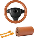 Kewucn Genuine Leather Steering Wheel Cover, 15" Universal Car Steering Wheel Protector with Needle Thread, Breathable Anti-Slip Steering Wheel Cover DIY Stitch on Wrap (Brown, Full Hole)