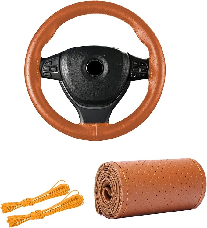 Kewucn Genuine Leather Steering Wheel Cover, 15" Universal Car Steering Wheel Protector with Needle Thread, Breathable Anti-Slip Steering Wheel Cover DIY Stitch on Wrap (Brown, Full Hole)