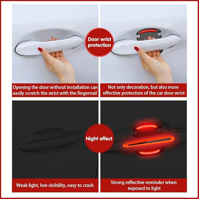 ijuicy 4 Set Reflective Car Door Handle Bowl Sticker, Carbon Fiber Car Door Handle Scratch Protector Cover (Red)
