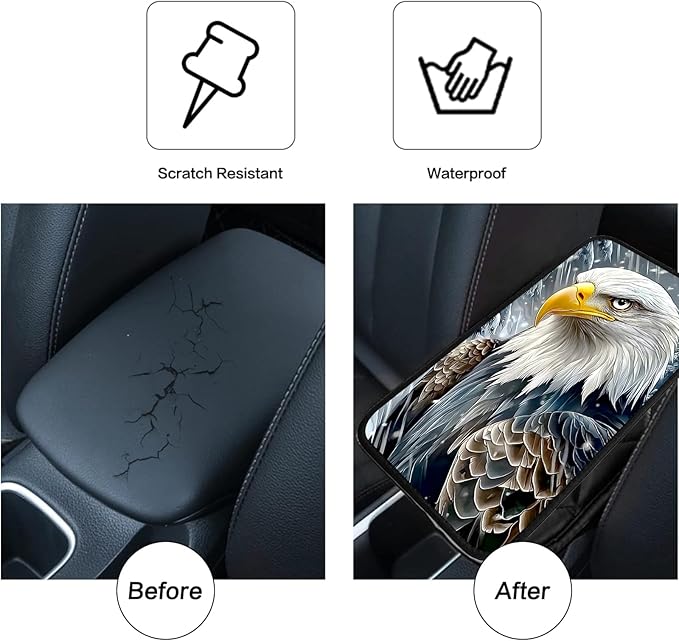 JANENFNA Car Armrest Cover Pads Universal Fashion Cute Auto Center Console Armrest Cover Pad with 2PCS Car Coasters Soft Waterproof Car Armrest Seat Protector for Women,Snowy Eagle