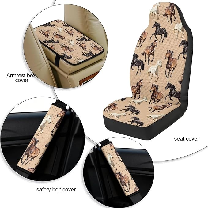 FUSURIRE Horse Pattern Car Seat Cover Set with Center Console Armrest Covers Cushion and Seat Belt Shoulder Straps Pad 5pcs PU Car Accessories for Truck Sedan SUV