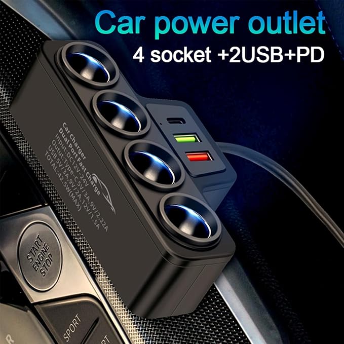 Multi-Function Cigarette Lighter Splitter, Cell Phone Car Charger, 4 Cigarette Lighter Sockets, 1 PD Fast Charger Port 2-Port USB Power Adapter for Cell Phones Adapter