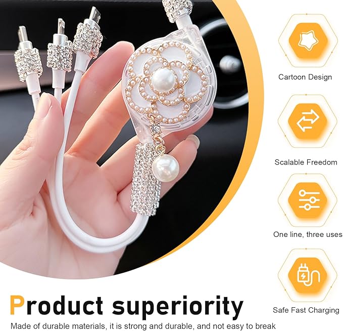 Car Retractable Multi Charging Cable, 3 in 1 Fast Charger Cord, Camellia Patterned/Heart-shaped Diamond-studded Car Charger Cable, Stylish for Women, Compatible with Phone, Tablets (White)