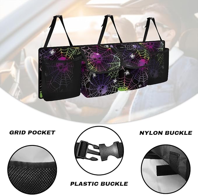 CLOHOMIN Skull Car Trunk Organizer Cobweb Backseat Hanging Organizer Sturdy Backseat Storage Organizer for Car Easy to Install Auto Organizer Bag