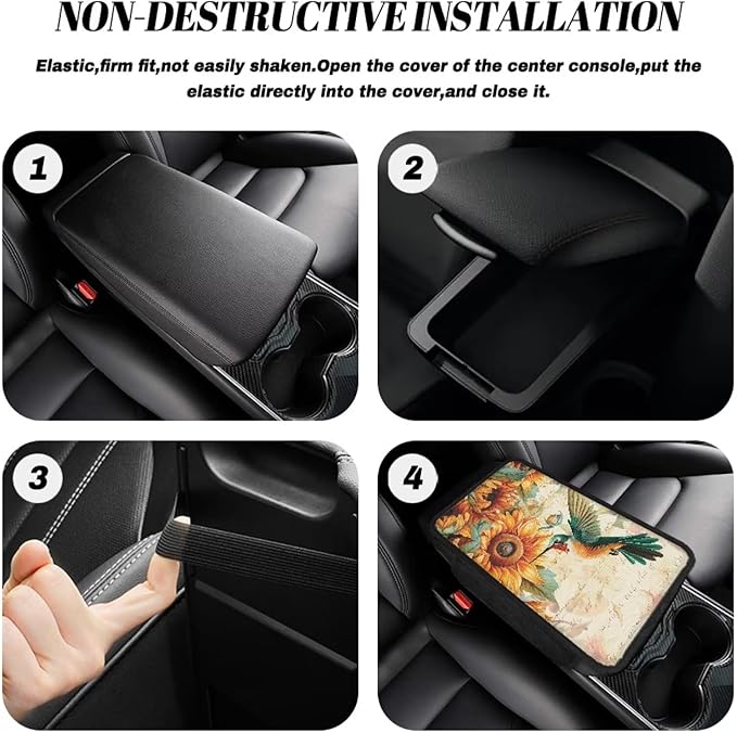 BIGCARJOB Hummingbird Print Car Armrest Box Pad with Side 2 Storage,Sunflower Print Armrest Cover for Cars Truck Cute Auto Interior Accessories Center Console Organizer Storage Box