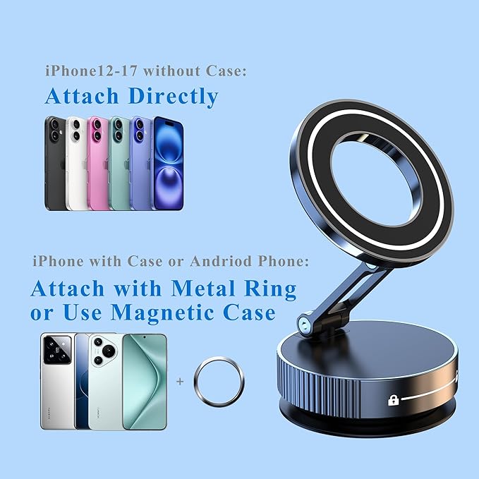 LnkXT Vacuum Magnetic Phone Holder for Car,Full Metal Body,Vacuum Suction Phone Mount,Magsafe Car Mount for iPhone, Folding Holder for iPhone and Android