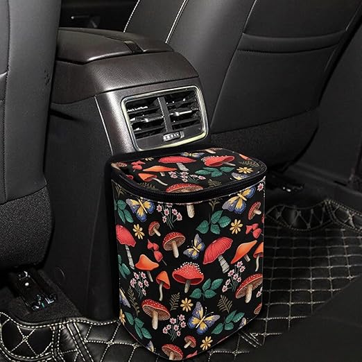 Car Trash Can with Lid Leak Proof Cars Trash Bag Hanging Sedan Garbage Can Accessories Multipurpose Storage Container for Back Seat, Forest Mushroom Floral