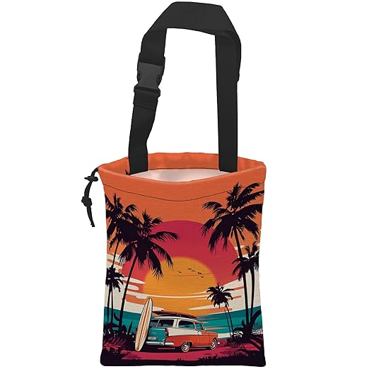 UUCBTAH Car Trash Bag Hanging Seaside Palm Trees Sunset Car Car Trash Can for Back Seat Waterproof Car Garbage Can with Adjustable Straps and Drawstring for Car Accessories Vehicle Travelling Camping