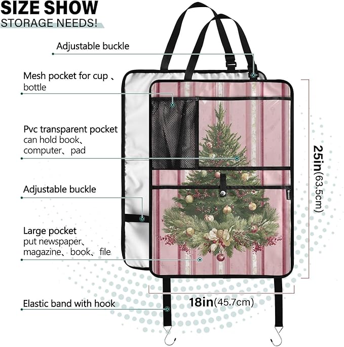 2 Pack Back Seat Car Organizer with Storage Pockets Kick Mats Back Seat Protector Hanging Car Organizer Automotive Seat Back Cover Organizers Cute Pink Striped Christmas Tree