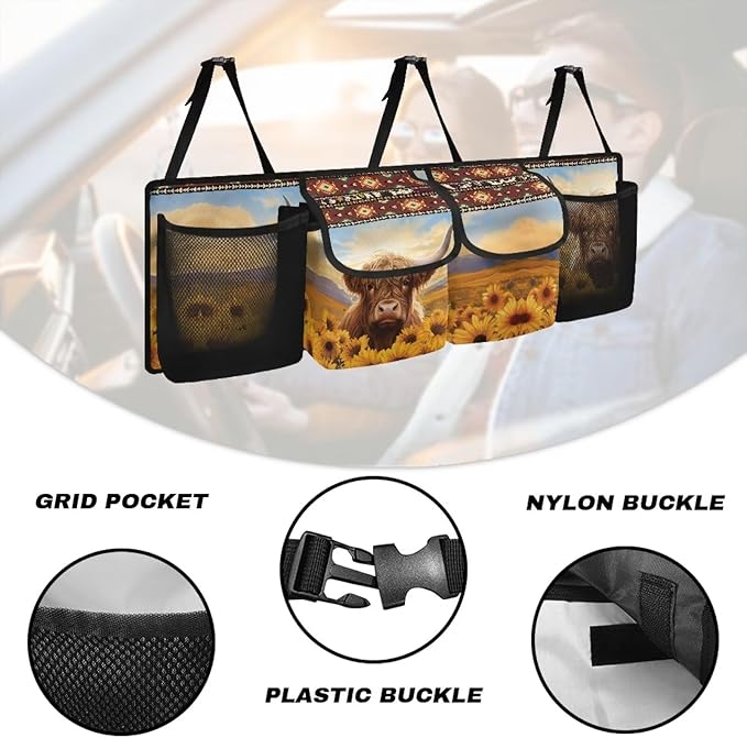 Highland Cow Sunflower Car Backseat Hanging Trunk Organizer with 4 Pockets Multipurpose Adjustable Car Organizer Bag Auto Interior Accessories