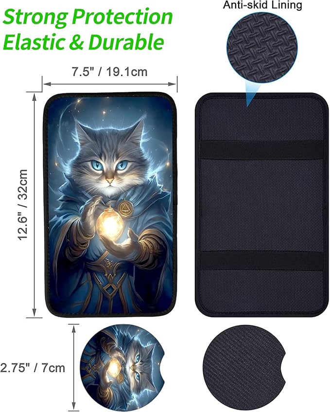 JANENFNA Car Armrest Cover Pads Universal Fashion Cute Auto Center Console Armrest Cover Pad with 2PCS Car Coasters Soft Waterproof Car Armrest Seat Protector for Women,Magic Blue Cat