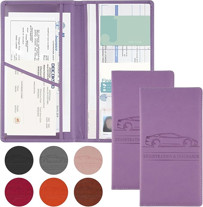 JUSTTOP 2Pack Car Registration and Insurance Holder,Car Document Holder for Cards License with Magnetic Shut,Vehicle Glove Box Car Organizer for Documents, Cards, License(Purple)