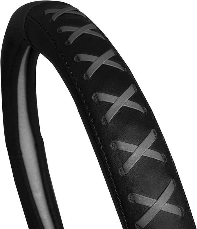 FH Group Universal Fit 15 Inch Genuine Leather with Lace-Up Detailing Steering Wheel Cover fits Most Cars, SUVs Gray