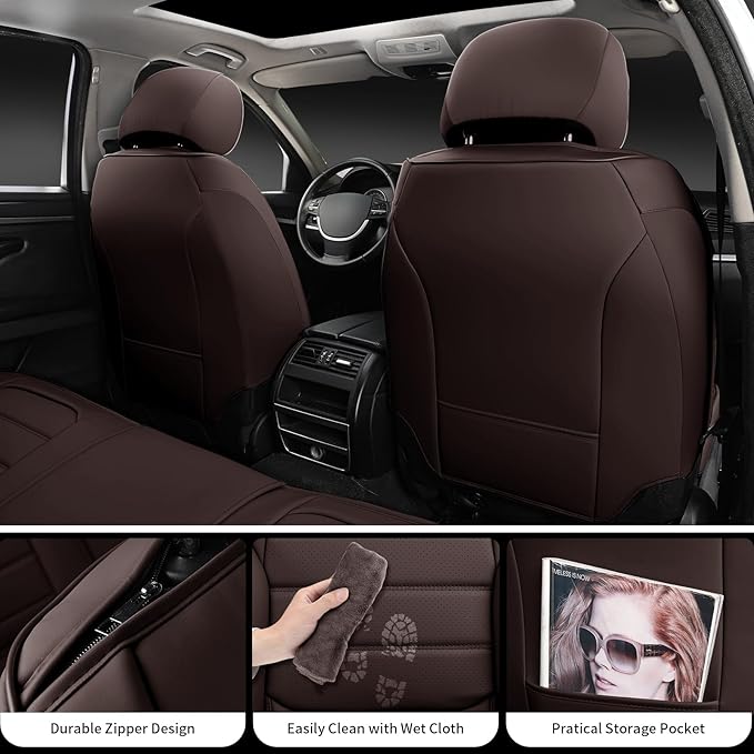 COVER EMPIRE Brown Car Seat Covers Full Set, Universal Faux Leather Seat Covers for Cars 5 Seats, Waterproof Leather Car Seat Covers, Comfortable Automotive Seat Covers for Most Sedans Trucks SUVs