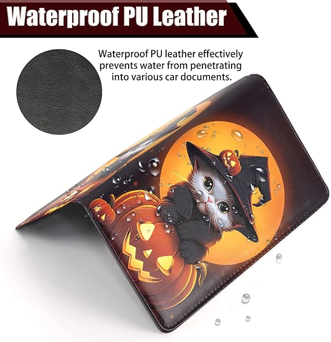Car Registration and Insurance Holder, PU Leather Auto Document Holder for Men&Women, Vehicle Glove Box Compartment Organizer with Magnetic Shut for Driver's License, Cute Halloween cat Pumpkin
