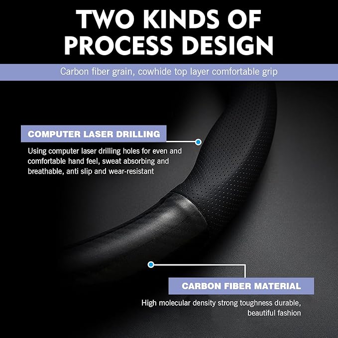 CyperFair D-Shaped Steering Wheel Cover – Carbon Fiber Pattern, Anti-Slip, Wear-Resistant, Sweat-sbsorbent Microfiber Leather Protector, Four Seasons Universal Fit (Black)
