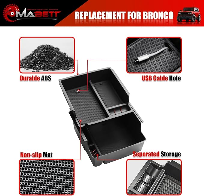 Mabett Console Organizer Tray for Bronco Accessories, Armrest Storage Box fit Bronco 2021 2022 2023 2024 2/4-Door with Non-Slip Mat Black (Not Fits 2025 Verison)