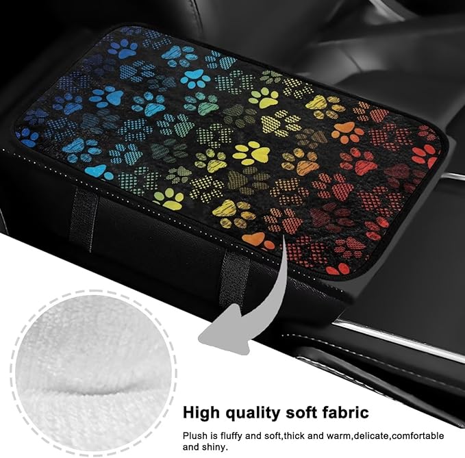 Bulopur Colorful Dog Paw Prints Auto Armrest Console Car Accessories Car Center Console Cover Easy to Install Armrest Console Cover Flannel Thickened Fit for Most Cars, Vehicles, SUVs