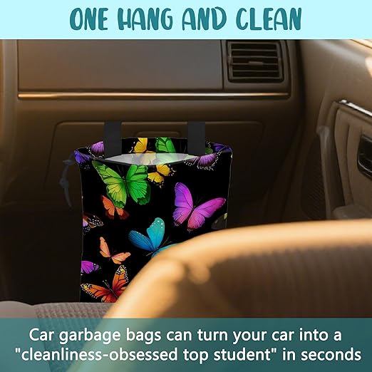 KXWQTRDD Car Garbage Bag Colorful Butterflies Drawstring Car Trash Bag Hanging for Back Seat with Adjustable Buckle Canvas Vehicle Trash Can Easy-to-Install