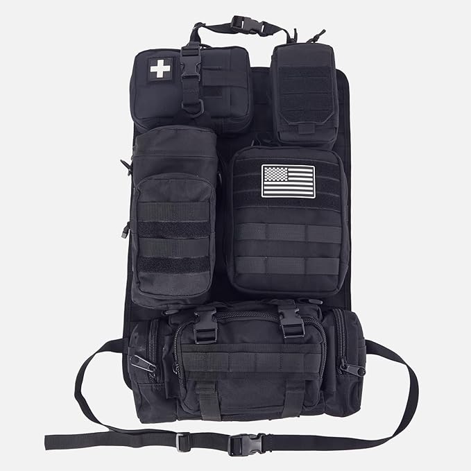 Universal Tactical Car Seat Back Organizer Bag Tactical Molle Vehicle Organizers Panel Gear Accessories with 5 Different Size Molle Pouches for Car Truck Ford Jeep Vehicle (C style-Black)