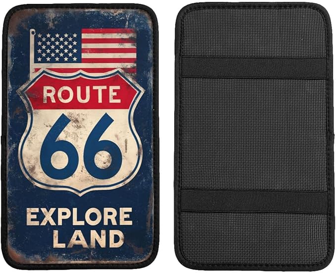 Vintage Car Route 66 Center Console Cover Pad, Car Armrest Seat Box Cover Cushion Universal for Most Vehicle SUV Truck, Car Interior Accessories Decor, Protect from Pet Claws & Dirt