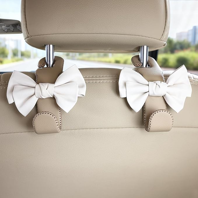 TISOHUGO Car Purse Hook, Cute Bow Hooks for Headrest - Leather U-Shaped Purse Holder for Car, Flexible Seat Back Organizer & Durable Vehicle Accessories for Bags, Coats & More (Beige-2 Pack)