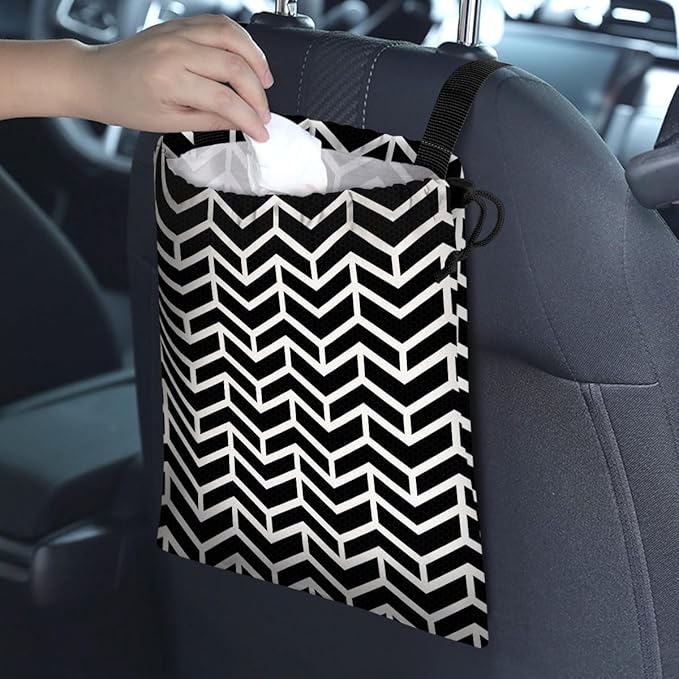 GEGEPINK Car Trash Bag Hanging Back of Seat Waterproof Small Cute Printed One-Handed Strap Drawstring Garbage Bags for Car-Black White