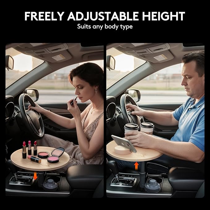 Ymipre Car Desk for Laptop & Car Table Tray, Height-Adjustable 360° Rotating Wood Car Laptop Mount, Cup Holder Table, Steering Wheel Tray, Compatible with Tesla & Most Vehicles