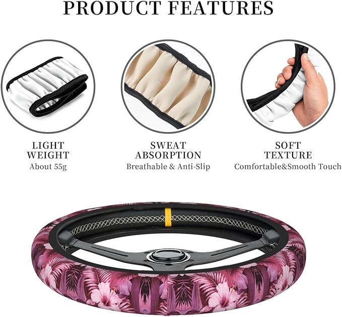 Hawaiian Tropical Flowers Car Steering Wheel Cover, 15 Inch Steering Wheel Cover Stylish Decor for Most Cars