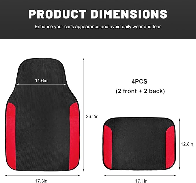 4PCS Car Floor Mats, Waterproof Auto Front & Rear Carpet Mat with Anti-Slip Backing, Stylish Vehicle Rug Floor Mats Universal Interior Accessories for All Weather Protection (Red)