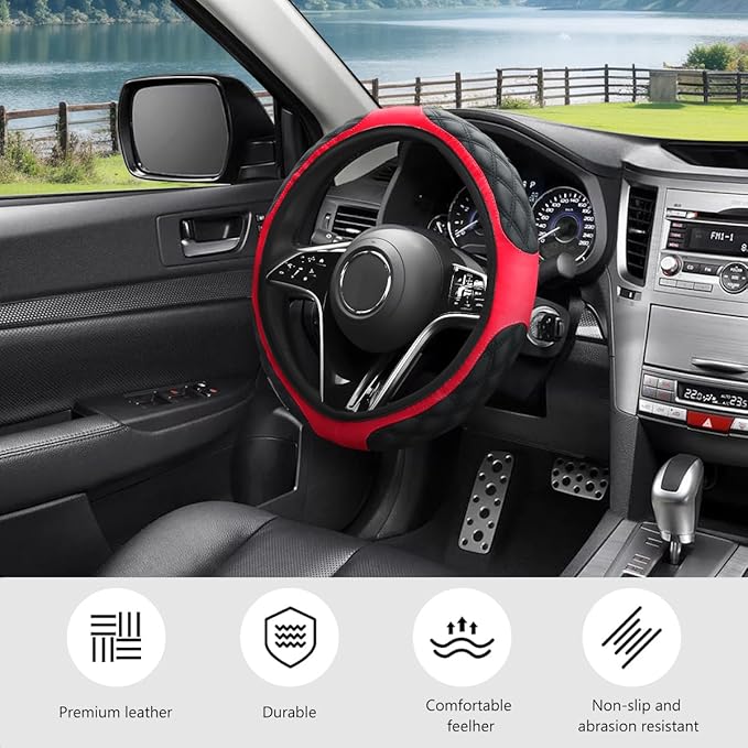 Car Steering Wheel Cover, 15 Inches Leather Steering Wheel Protector with Non-Slip Grip, Universal Wheel Covers Interior Decoration for Sedens Trucks SUVs, Car Accessories (Black & Red)
