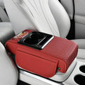 2026 Enhanced Car Center Console Armrest Cushion with USB& Type-C Charging, PU Leather Console Pad with Cup Holders, Storage& Tissue Outlet for Most Vehicles (Flat Version, Red)