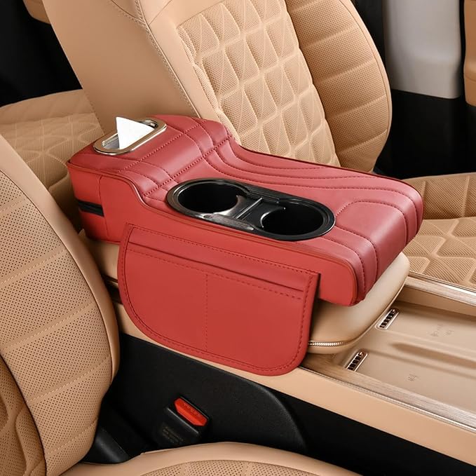 LAFANDE Car Armrest Cushion | Heightening Pad Arm Rest for Car, Center Console Cover with Storage Bags Cup Holder, Tissue Box Slot, Easy to Install and Clean