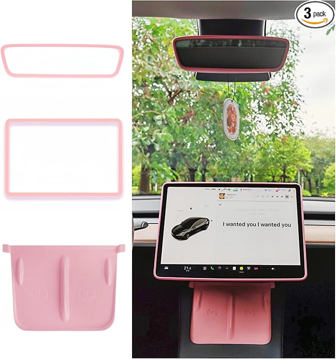 Tesla Model 3 Model Y Accessories of Screen Protector Frame + Center Console Wireless Charging Silicone Pad + Interior Rear View Mirror Cover 3pcs 3in1 (Pink)