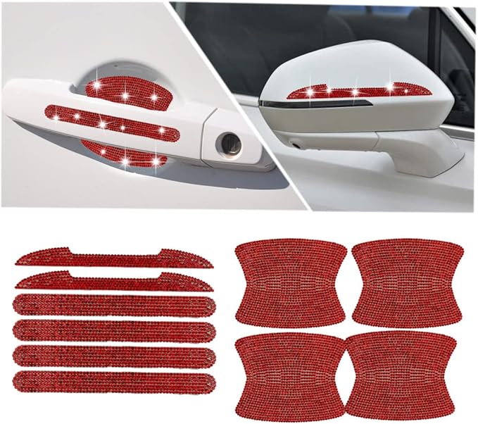 10PCS Bling Car Door Handle Reflective Trim Decals Stickers,Universal Rhinestone Door Side Rear View Mirror Scratch Resistant Protector Cover Car Accessories Red