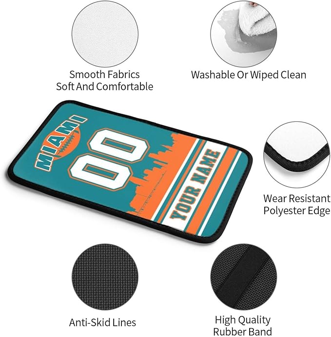 Custom Miami Car Armrest Covers Personalized Football Style with Name Number Customized Auto Center Console Pad Car Handrail Box Cushion for Most Vehicle Decor Accessories, Fans Gift