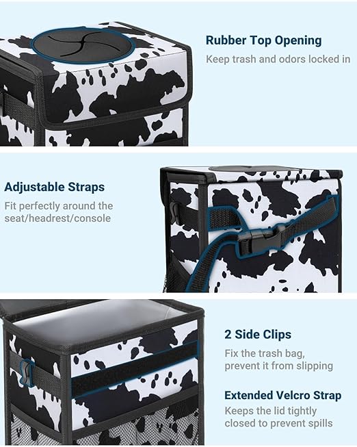 Capolo Car Trash Can with Lid, Leakproof Car Trash Bag Hanging Waterproof Automotive Garbage Can with Storage Pockets Mini Vehicle Trash Bin for Back/Front Seat(Cow Print,2.5 Gallon)