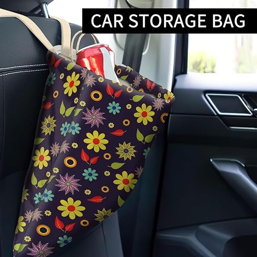Car Trash Can, Cute Car Trash Bag, Hanging Car Organizer and Storage Bag, Trash Bin for Car Accessories, Vehicle, Travelling, Camping Cute Purple Yellow Flower