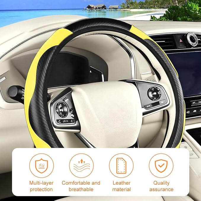 Carbon Fiber Car Steering Wheel Cover, 14.5-15 Inch Elastic Stretch Steering Wheel Guard, Sports Style Non-Slip Automotive Interior Accessories, Universal for Vehicles (Yellow)
