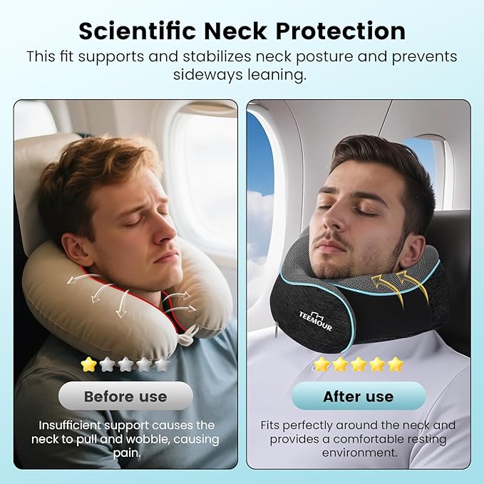 Travel Neck Pillow for Airplane -360° Support, Stocking Stuffers, Memory Foam Travel Pillows for Airplanes With Eye Mask & Earplugs, Portable Carry Bag for Long Flights/Car| Airplane Accessories
