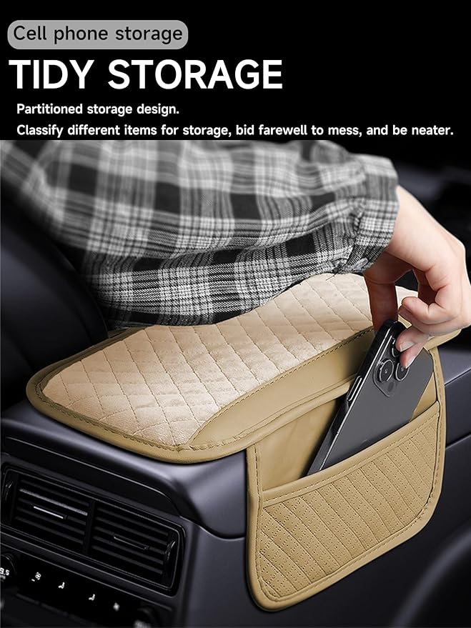 Cxtiy Car Center Console Cover, Microfiber Warm Soft Car Armrest Cover Cushion with 2 Storage Bags, Universal Armrest Storage Box Interior Accessories for Most Vehicles (Beige)