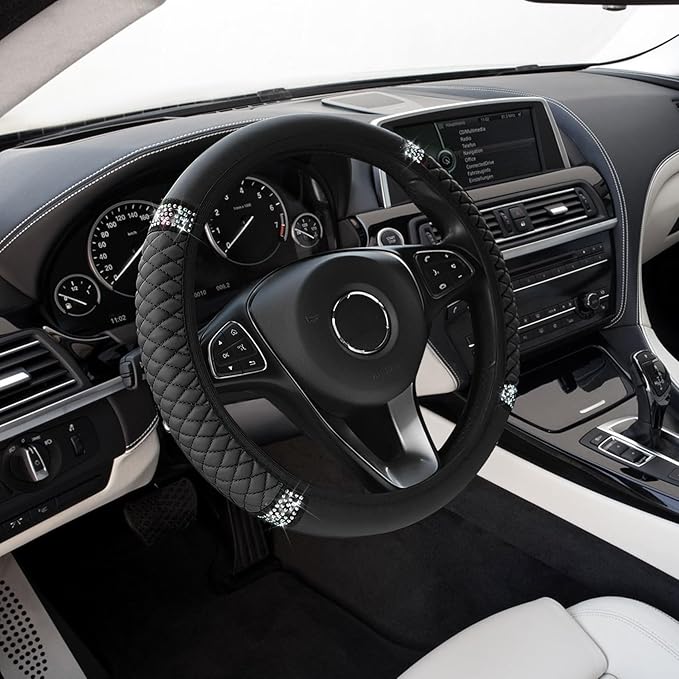 Bling Soft Leather Steering Wheel Cover, Anti-Slip Car Steering Wheel Protector, 15 Inch Rhinestones Soft Leather Elastic Steering Wheel Protector for Women Girls, Car Accessories for Most Cars