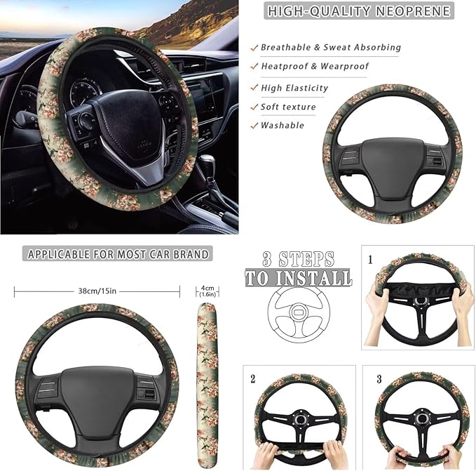 Hummingbird Flower Printed Car Accessories Sets for Women, Universal Front and Rear Split Bench Seat Covers for Cars with Matching Steering Wheel Cover Trash Can Air Vent Storage Bag Coaster