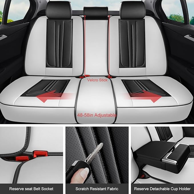 SCDOOCA Car Seat Covers Full Set White Black, Luxury Leather Car Seat Covers, Waterproof and Breathable Seat Covers, Universal Car Seat Protector Fit for Cars, Trucks, SUVs, Pick-ups (Full Set)